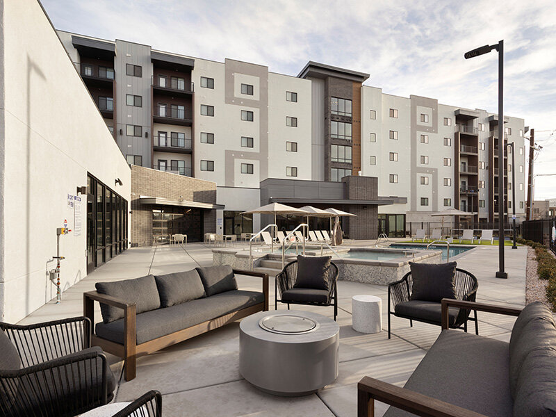 Poolside courtyard at Layton Station apartments